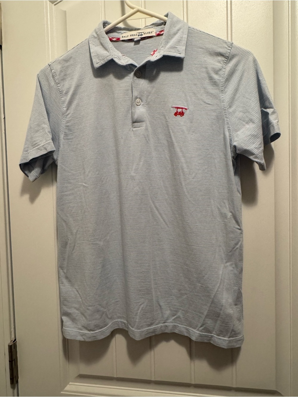 Pale Blue Micro-Stripe Polo with Red Embroidered Logo - Men's